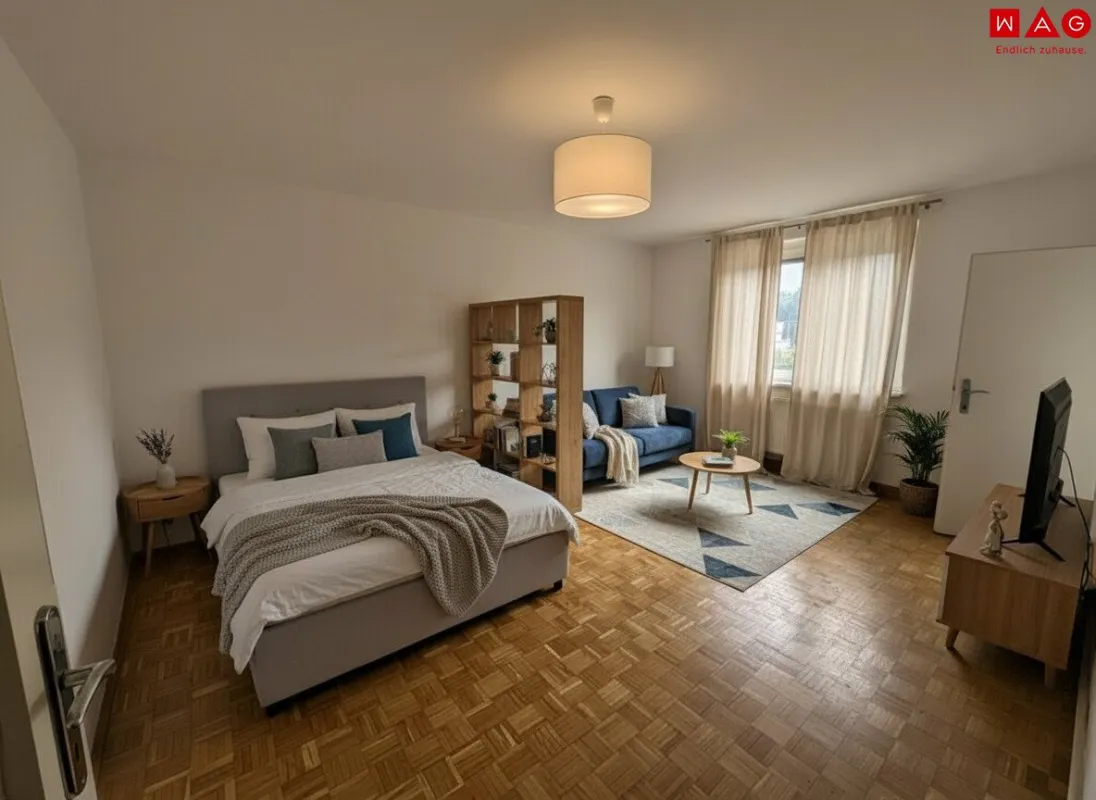 Singles aufgepasst! Sanierte, helle 1-Raum-Wohnung mit idealer Raumaufteilung in Steyr Münichholz: komfortabel, erschwinglich und mitten im Grünen! Praktischer Abstellraum, Aufzug und geräumiges Badezimmer inklusive! Jetzt mit KI-Visualisierung! - Bild 1
