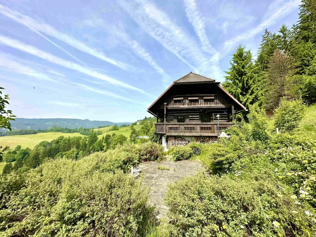 Idyllische Almhütte mit eigener Sauna auf 1.200 Meter Seehöhe mit atemberaubendem Weitblick auf die Koralm in wunderschöner Lage nahe dem Kärntner Klopeiner See - Bild 1
