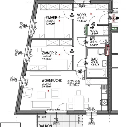 südwestlich ausgerichtete Eckwohnung mit Balkon: 3 Zimmer + 2 KFZ-Stellplätze; ERSTBEZUG in Eisenstadt! - Bild 2