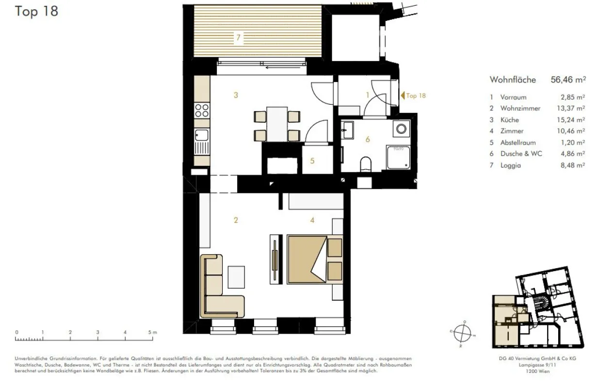 ERSTBEZUG + Traumhafte 2-Zimmer-Wohnung mit großer Küche 15,24m² in 1200 Wien/Grenze 1090 Wien + Loggia 8,48 m² + 400m U4 Friedensbrücke entfernt - Bild 1