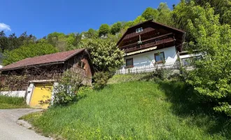 Wohnhaus mit Garage und Nebengebäude mit Blick auf Schloß Trautenfels
