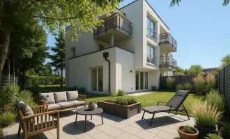 Schlüsselfertig: Gartenwohnung mit großer Terrasse u. Parkplatz.