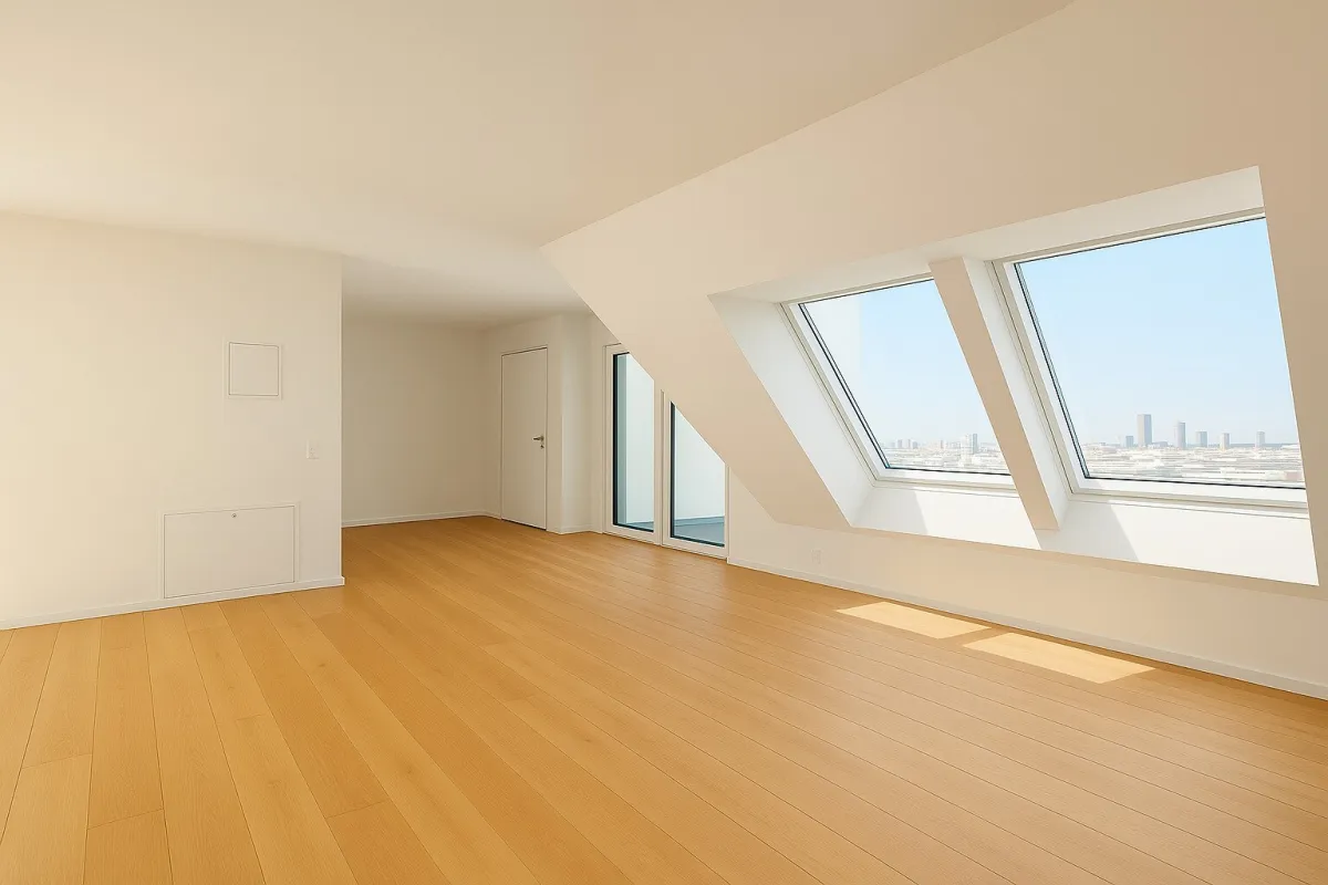 STADTBLICK im Sonnwendviertel - Erstbezug nach Dachausbau - 6. Liftstock - 3 Zimmer - ca. 68m² gew. NFL - Fußbodenheizung - Klima - zeitlose Ausstattung - ca. 8m² Balkon mit spektakulärem Stadtblick! - Bild 1