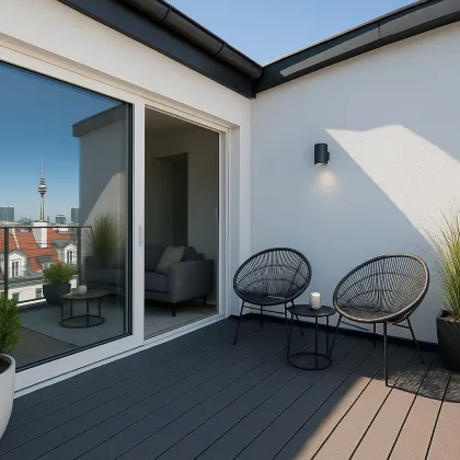 STADTBLICK im Sonnwendviertel - Erstbezug nach Dachausbau - 6. Liftstock - 3 Zimmer - ca. 68m² gew. NFL - Fußbodenheizung - Klima - zeitlose Ausstattung - ca. 8m² Balkon mit spektakulärem Stadtblick! - Bild 3