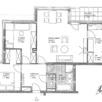 DACHGESCHOSS, Daringergasse, sonnige 76 m2 Neubau mit 6 m2 Balkon, 2 Zimmer, Wohnküche, Wannenbad, Parketten - Bild 2