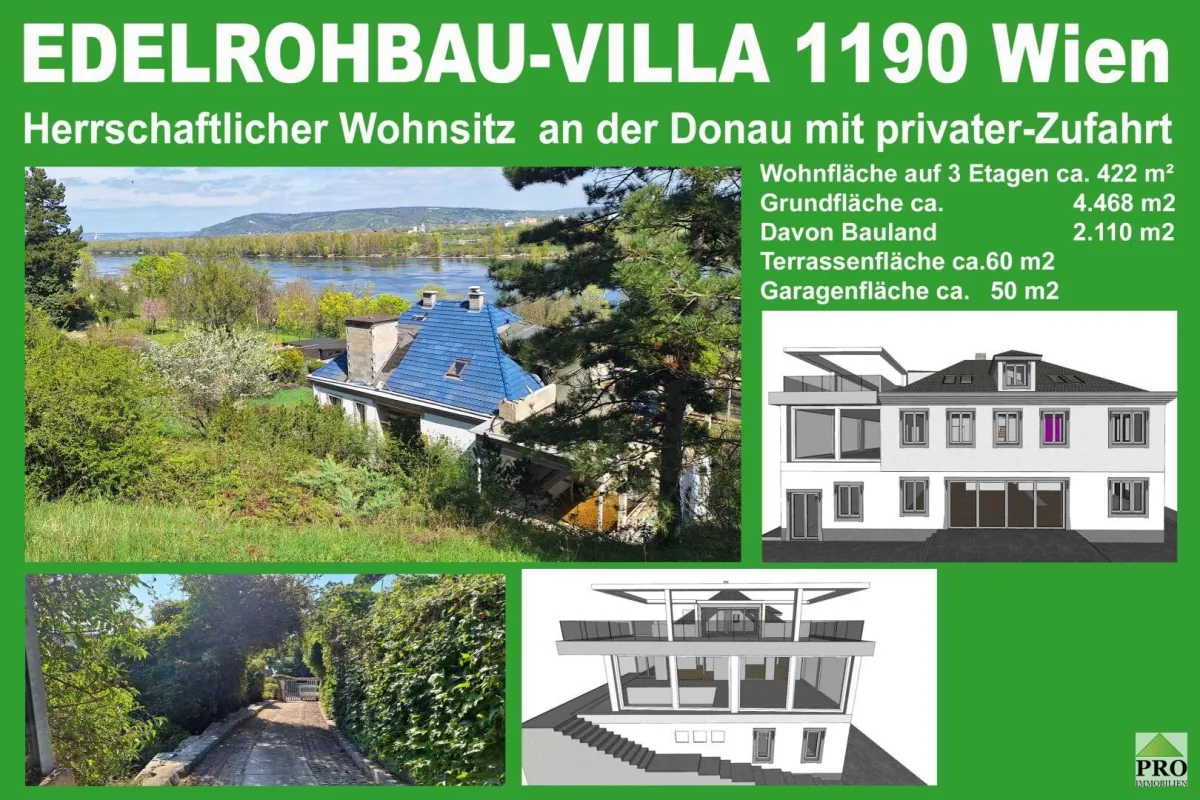 Edelrohbau-Villa, Herrschaftlicher Wohnsitz am Fuße des Kahlenberges an der Donau. Teilrestauriert entkernt und komplette Ausbauplanung. - Bild 1